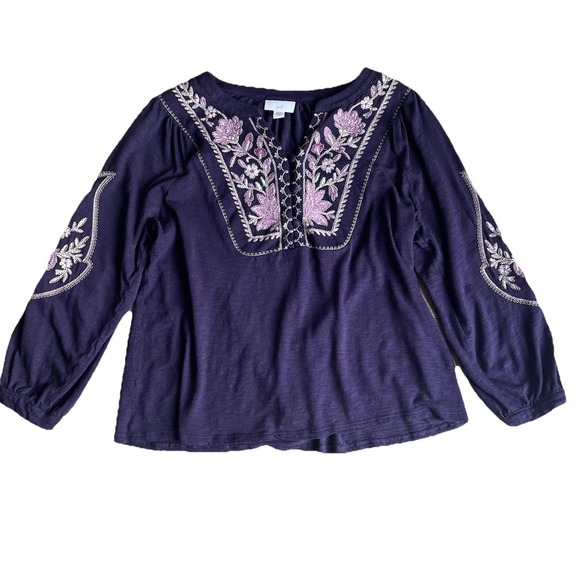 J. Jill Tops - J Jill Womens Embroidered Peasant Top Small Petite Purple Floral V-Neck Boho